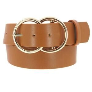 Wide Vegan Leather Gold Double Ring Belt Camel Brown